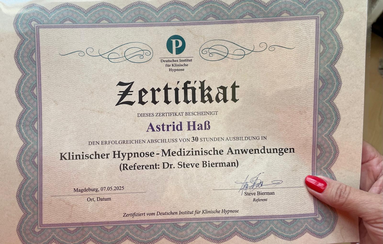 hypnotherapie certificate biermann